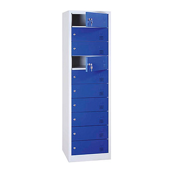 LÜLLMANN Schließfachschrank mit Ladefunktion enzianblau, lichtgrau 526441, 10 Schließfächer 50,0 x 50,0 x 180,0 cm