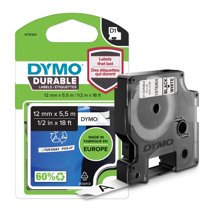DYMO Schriftband D1 1978364, 12 mm, schwarz auf weiß, 1 St.